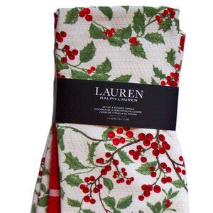 Lauren 3 Pc Kitchen Dish Towel Set Christmas Holiday Holly Berries Cotton NWT